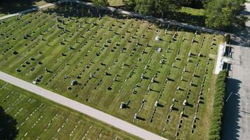 Drone view showing rows of tombs and place of sorrow and memory. Cemetery on sunny day video