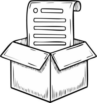 Hand drawn outline illustration of important document paper form inside an open cardboard box for organization vector