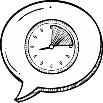 Hand-drawn speech bubble enclosing a clock face indicating approximately eight o'clock or a waiting period vector