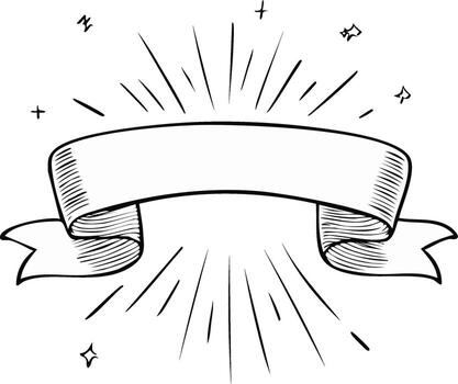 Decorative banner ribbon with light rays and geometric shapes sketched in ink vector