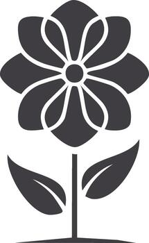 Single graphic flower silhouette with eight large petals and two leaves, simple line art design for floral themed illustrations, design elements and spring graphics vector