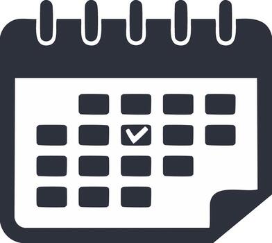 Simple flat calendar icon with a check mark on a specific date for scheduling an event vector