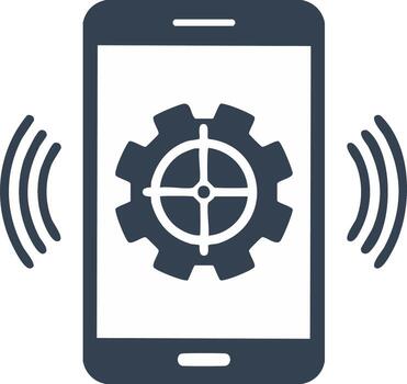teléfono inteligente mostrando un engranaje icono con sonido olas emanando desde el dispositivo vector