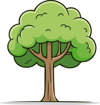 Stylized cartoon tree with green foliage and brown trunk on a simple ground line vector