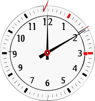 Clock face showing time at two ten, time is of essence, and time management vector