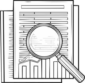 Hand drawn magnifying glass inspecting a business document with financial charts and data vector
