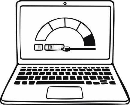 Line art laptop displaying a speed performance meter for fast internet, high system capabilities, or rapid progress vector