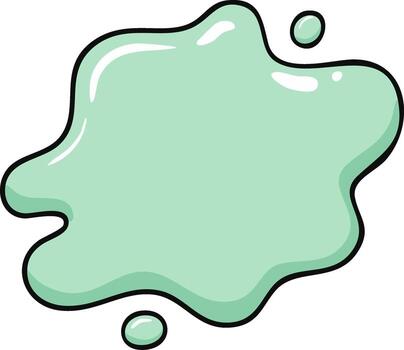 Mint green blob shape with shiny drops and black outline, cartoon graphic, abstract fluid form, irregular spot and liquid design vector