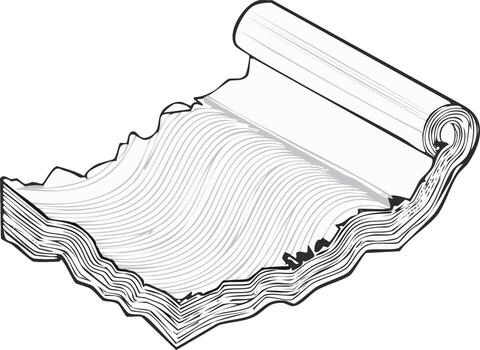 Open book with swirling pages and rolled edges in black and white line art vector