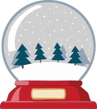 Charming snow globe scene of falling snow and evergreen trees on a red pedestal base vector