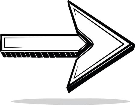 Bold 3D arrow pointing right in a black and white graphic style. icon for direction and progress vector