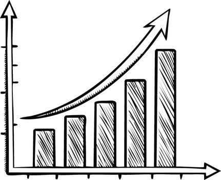 Sketch doodle of a growing bar graph with an upward arrow symbolizing financial success and progress vector