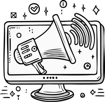 Online marketing concept illustration with computer screen and megaphone, announcement, notification, promotion, message broadcast vector