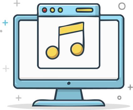 Computer monitor displaying musical notes on screen with simple cartoon style vector