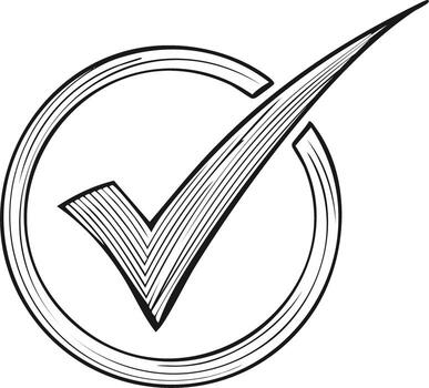 Stylized hand drawn check mark inside a circle symbol for approval and verification vector