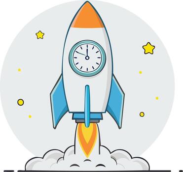 Cartoon rocket with clock in space, ready for launch concept illustration vector