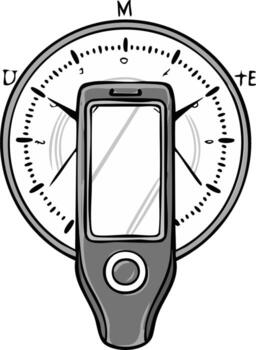 Grayscale illustration of a crypto hardware wallet in front of a navigational compass vector