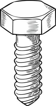 Detailed sketch of a hexagonal head bolt with prominent screw threads and a pointed end vector