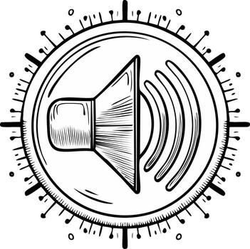 Hand drawn volume icon with sound waves in a circular sunburst frame black and white sketch art vector