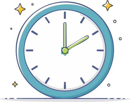 Blue analog clock face with hands pointing to ten past two and decorative sparkles vector