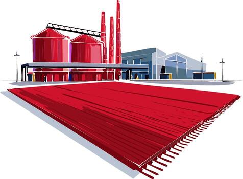 Industrial complex with silos and chimneys with a red carpet leading to it vector
