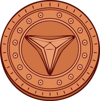 A stylized bronze coin with a geometric triangular emblem at its center vector