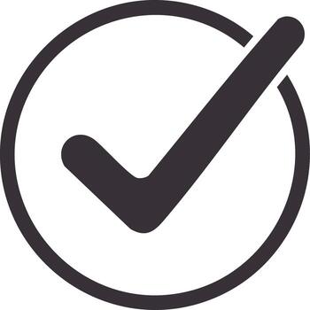 A simple, bold check mark icon in a dark grey circle, representing confirmation, approval, and success vector