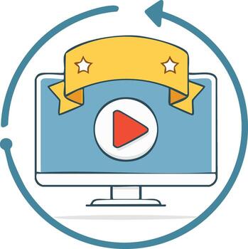 Computer screen displays play button on blue display with yellow banner and circling arrows vector