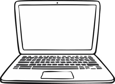 Open laptop with keyboard and blank screen, simple line art illustration vector