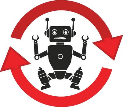 Black retro robot inside a red circular refresh arrow icon representing automation technology and AI processes vector
