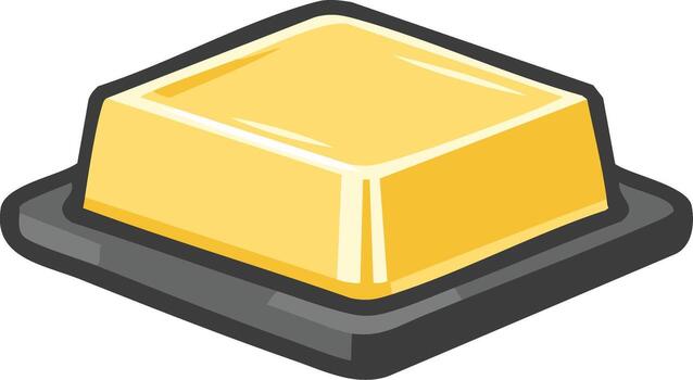 dibujos animados ilustración de un amarillo mantequilla plato con un rectangular bloquear de mantequilla vector