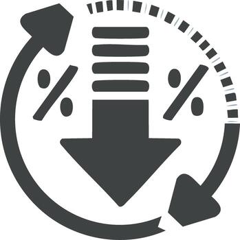Financial percentage reduction cycle icon with downward arrow showing decreased value and continuous process vector