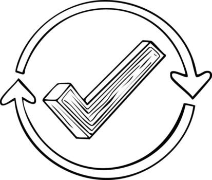 Hand drawn check mark with circular arrows indicating process or confirmation vector