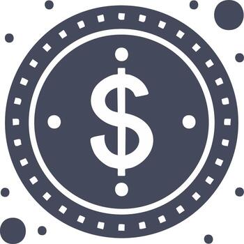 Simple dollar coin icon with currency symbol, dotted border, and small circles as decoration on a isolated white background vector