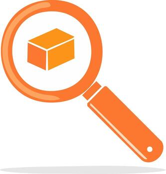 Magnifying glass examining an orange three dimensional cube shape vector
