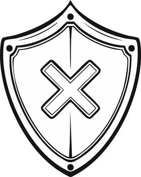 Black and white graphic of a shield with a stylized cross mark in the center, symbolizing rejection or failure vector