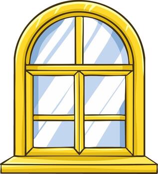 Cartoon illustration of a yellow arched window with a view, cheerful architecture design vector