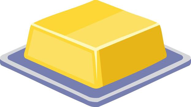 un amarillo rectangular bloquear de mantequilla se sienta en un púrpura y gris bandeja en un isométrica ver ilustración vector