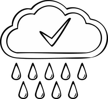 mano dibujado nube con cheque marca símbolo y que cae lluvia gotas vector