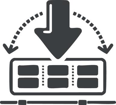 Digital data loading process icon with down arrow transferring elements into a grid storage system and progress bar vector