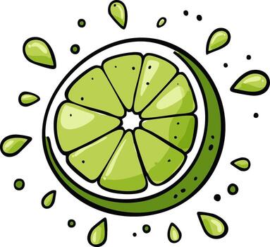 Cartoon illustration of a lime slice with juice drops and dots vector