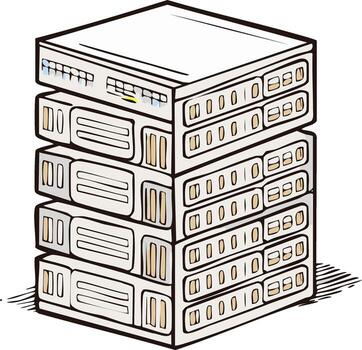 Stacked network servers with digital data displays in a cartoon illustration style vector