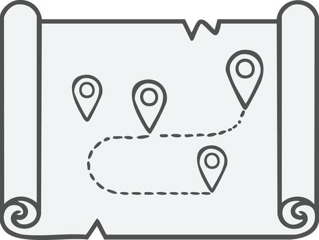 Simple outline map scroll with multiple location pins and a dashed path indicating travel route vector