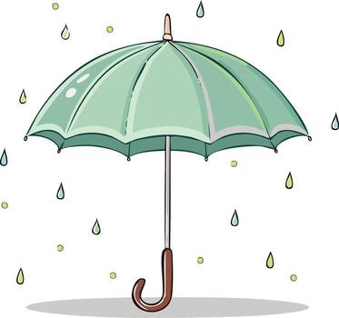 Simple cartoon drawing of a green umbrella in the rain with colorful drops vector