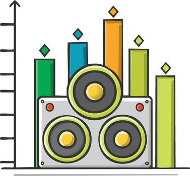 altoparlante con un creciente bar gráfico representando audio actuación y sonido calidad crecimiento, música y tecnología vector