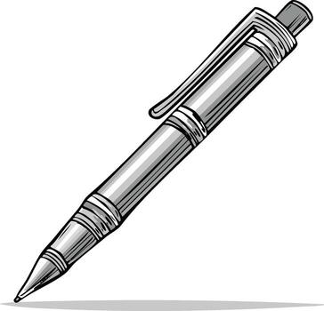 Classic silver ballpoint pen with a clip, drawn in a sketch style with shading and a subtle shadow vector