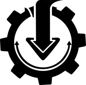 Rotating Gear with Downward Arrow Cycle Progress Flow Symbol Graphics vector