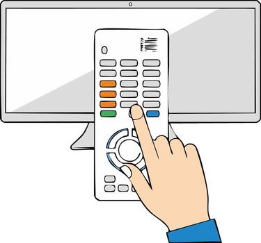 Hand pressing button on remote control device in front of television screen vector