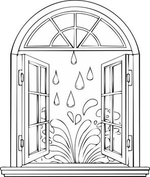 lluvioso clima mediante abierto ventana con arqueado marco y agua gotas y salpicaduras decorativo ilustración vector