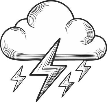 Sketch of Thundercloud with Lightning Bolts, Weather Event, Storm Symbol, Engraved Graphic of Nature Phenomenon vector